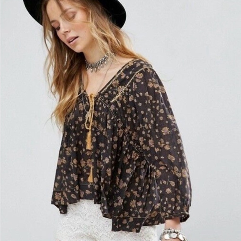 Free People Never A Dull Moment Floral Sunflower Peasant Blouse